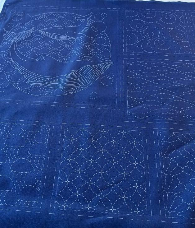 Panel para Bordado Sashiko Océano con Ballenas y Tortuga