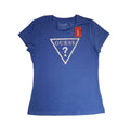 Playera Cuello Redondo Guess Mujer — Azul Royal Logo Triángulo Strass Plateado Talla L
