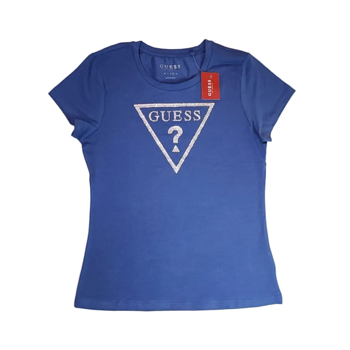 Playera Cuello Redondo Guess Mujer — Azul Royal Logo Triángulo Strass Plateado Talla L