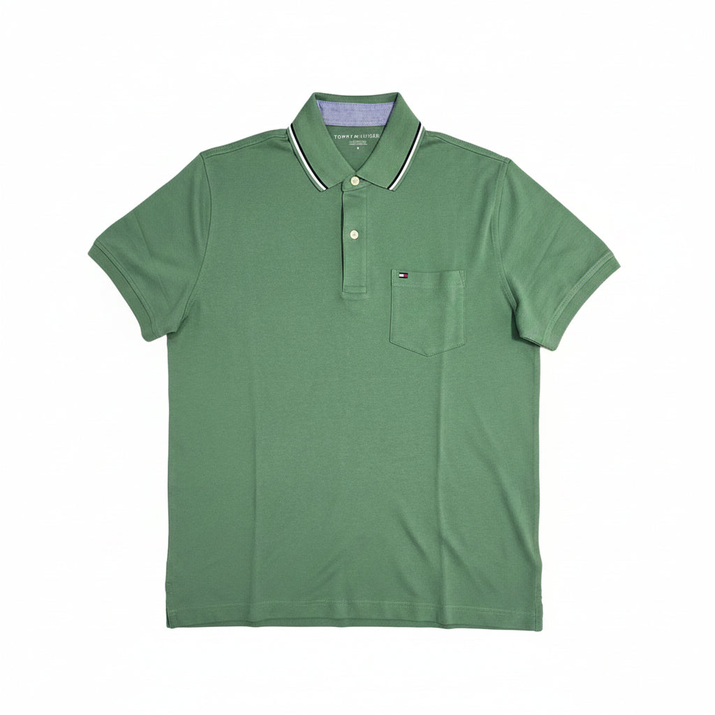Playera Polo Tommy Hilfiger Hombre — Verde Olivo Cuello Navy Talla M