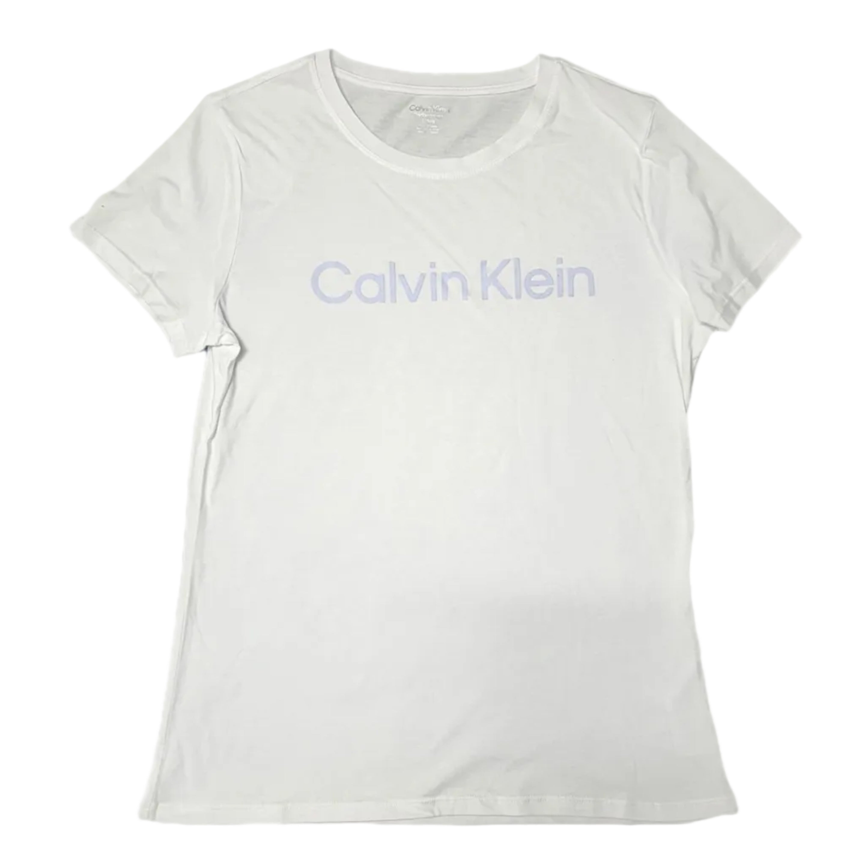 Playera Cuello Redondo Calvin Klein Performance Mujer — Blanca Logo Calvin Klein Lavanda Tono sobre Tono Talla L
