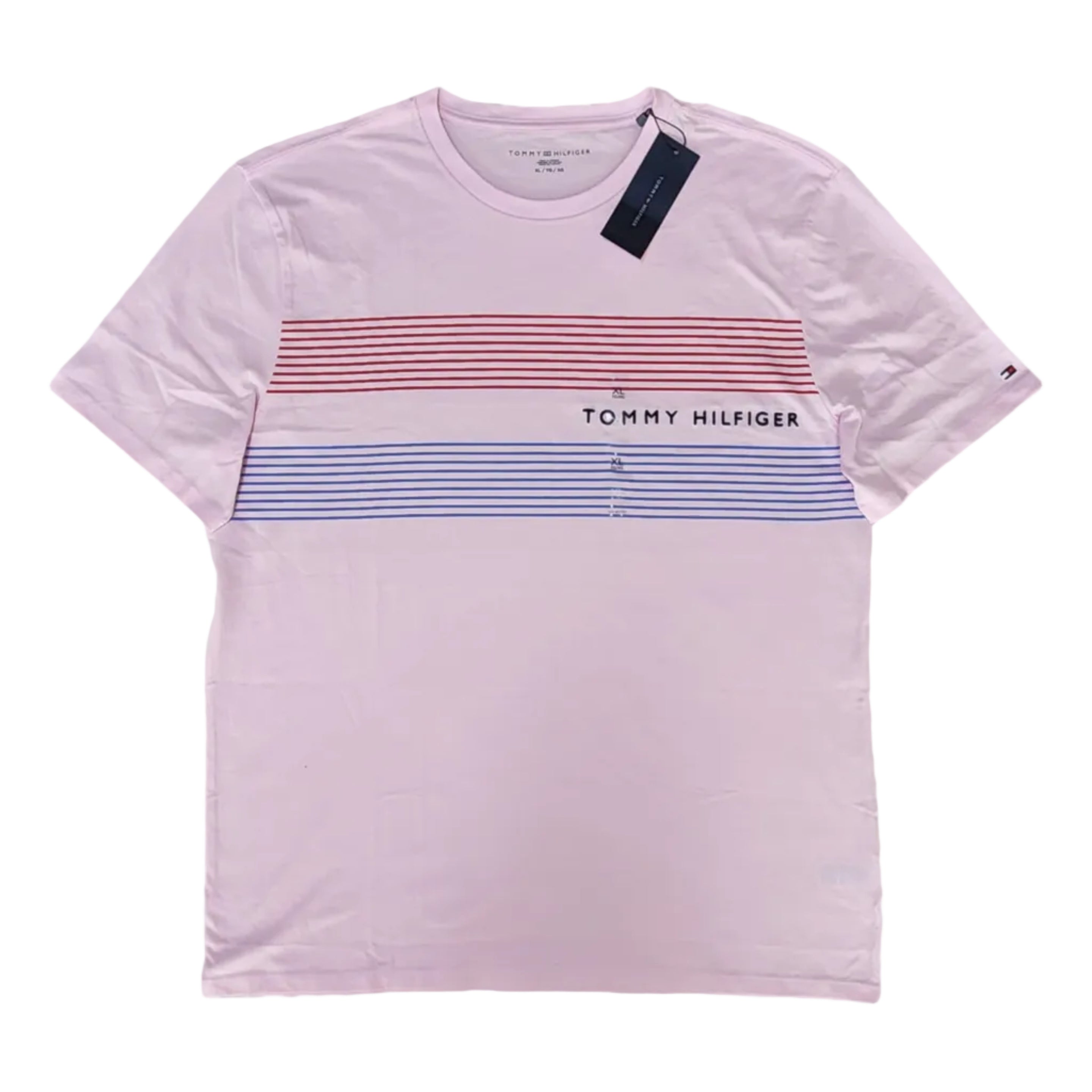 Playera Cuello Redondo Tommy Hilfiger Hombre — Rosa Palo Rayas Rojo y Azul Talla XL