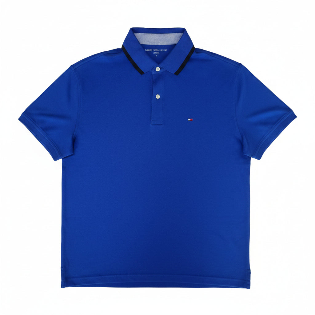 Playera Polo Tommy Hilfiger Hombre — Azul Royal Liso Cuello Negro Tallas S-M