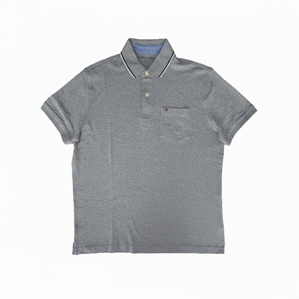Playera Polo Tommy Hilfiger Hombre — Gris Jaspeado Cuello Navy Talla M