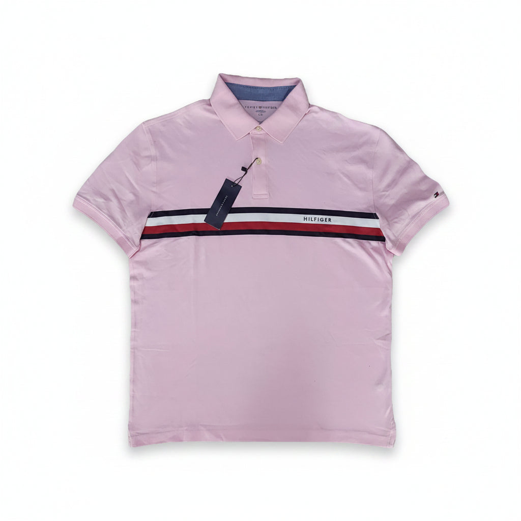 Playera Polo Tommy Hilfiger Hombre — Rosa con Franja Tricolor Talla L