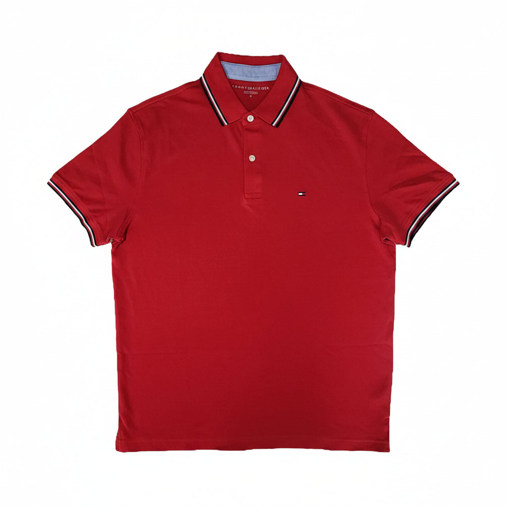 Playera Polo Tommy Hilfiger Hombre — Rojo Cereza Cuello Navy Botones Dorados Talla M