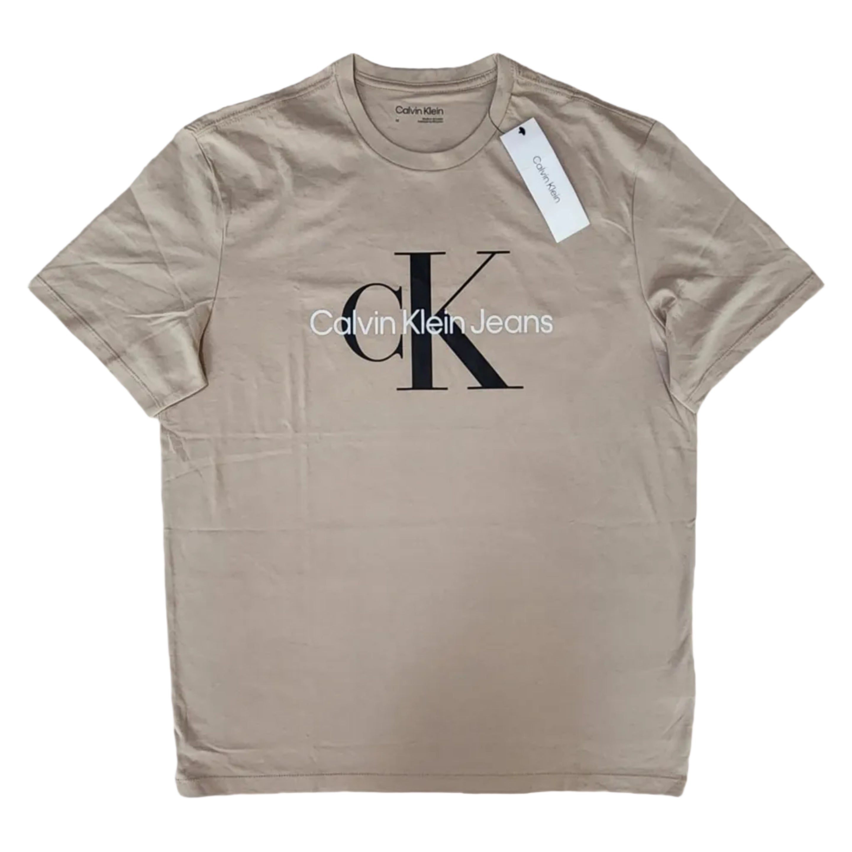Playera Cuello Redondo Calvin Klein Jeans Hombre — Caqui Logo CK Grande Talla XL