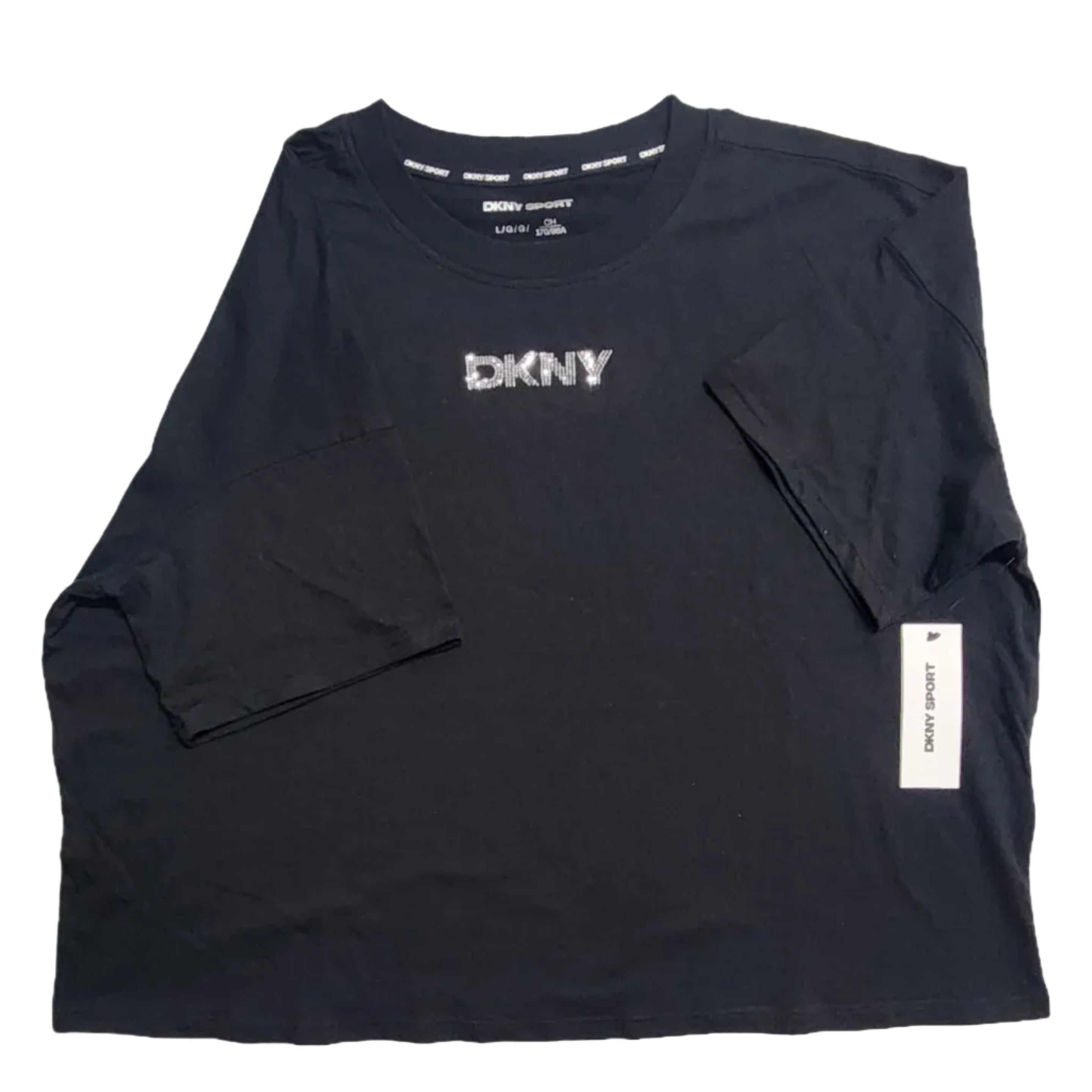 Playera Manga Larga DKNY Sport Mujer — Negra Logo DKNY Strass Plateado Oversized Talla L