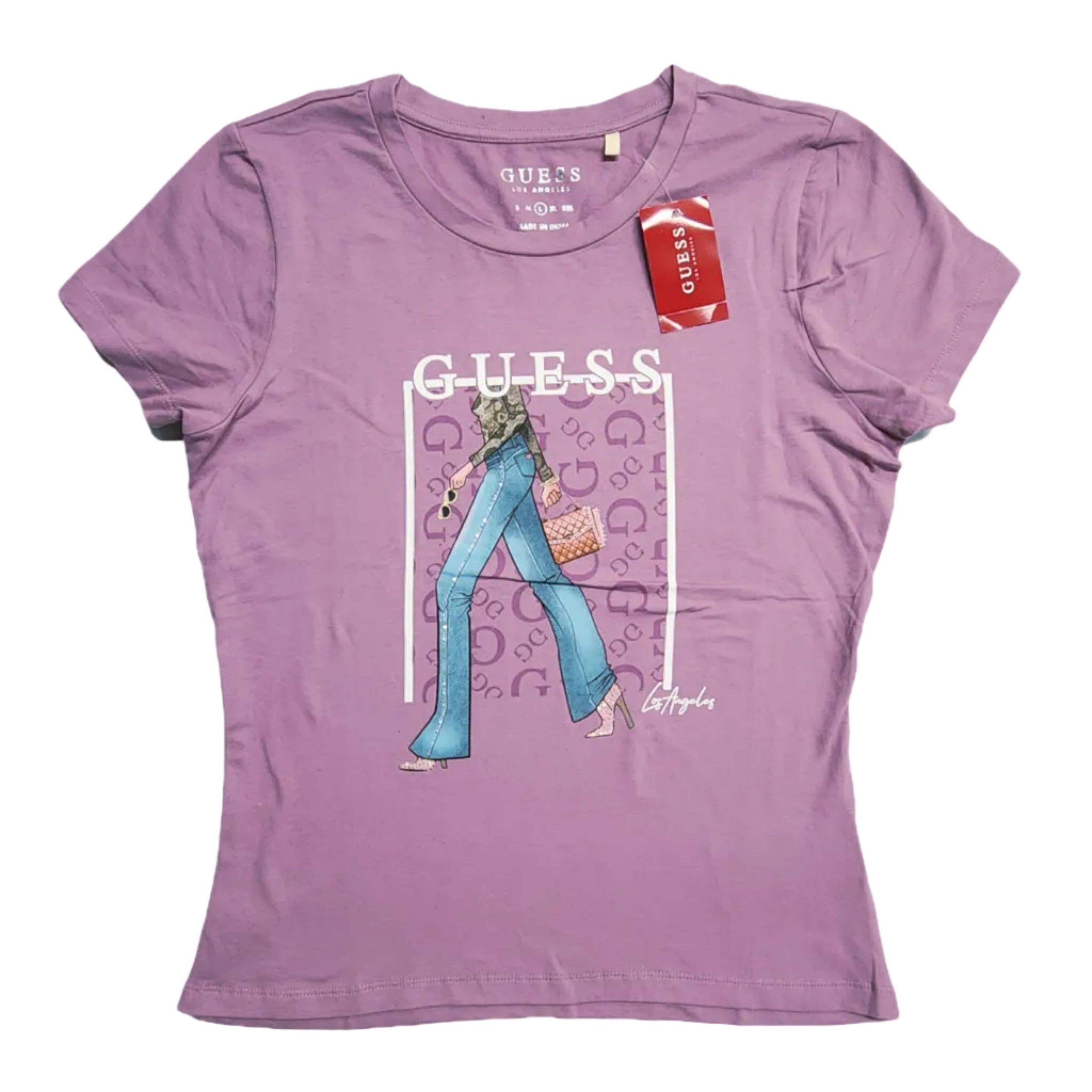 Playera Cuello Redondo Guess Los Angeles Mujer — Lila Ilustración Fashion Girl Monograma G Talla L