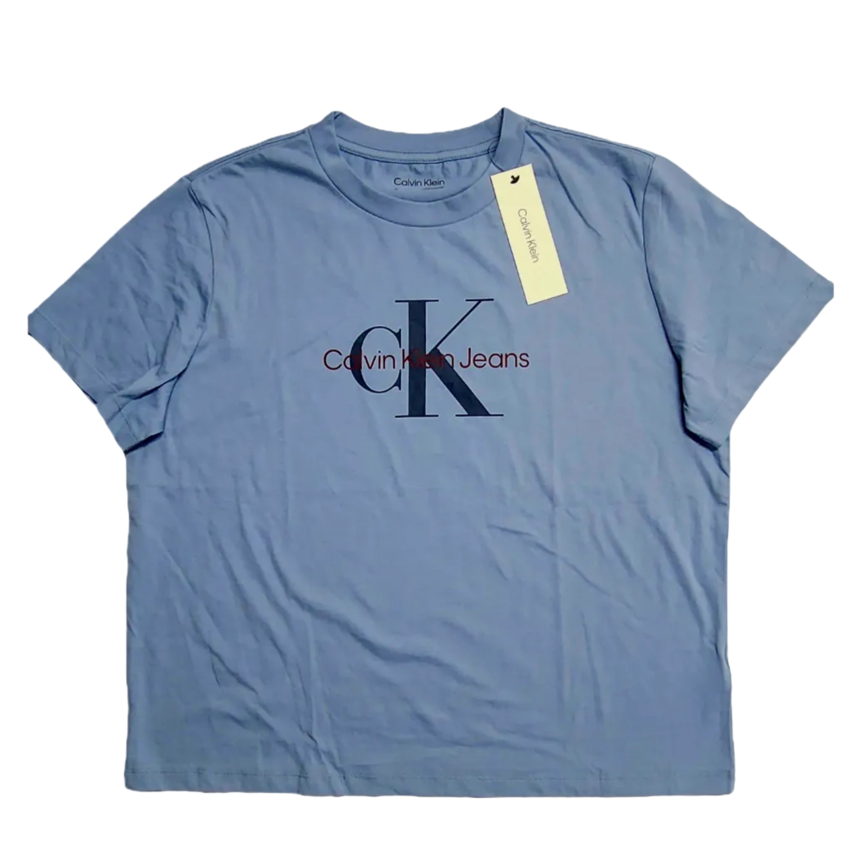 Playera Cuello Redondo Calvin Klein Jeans Mujer — Azul Acero Steel Blue Logo CK Grande Talla L
