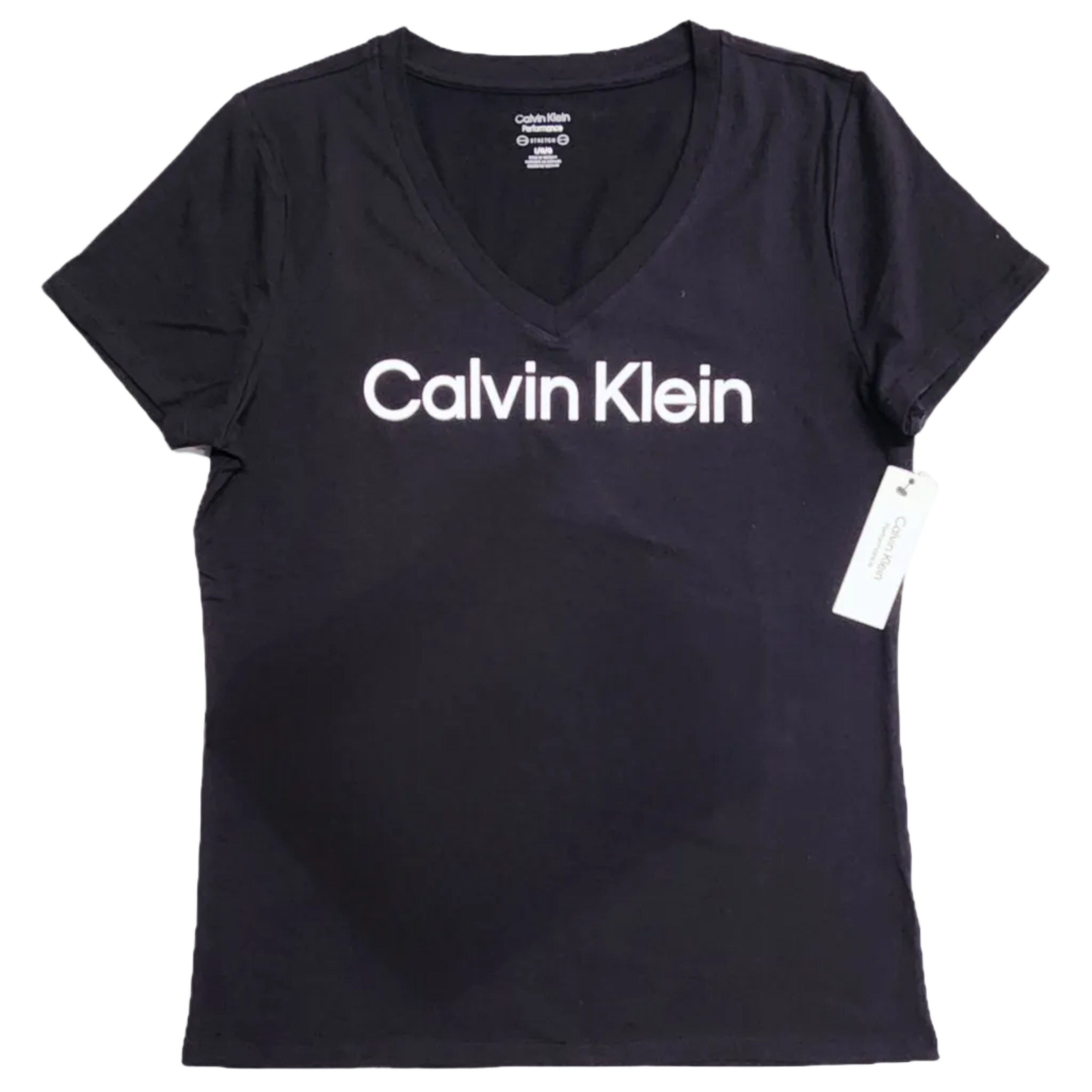 Playera Cuello V Calvin Klein Performance Mujer — Negra Logo Calvin Klein Grande Blanco Talla L