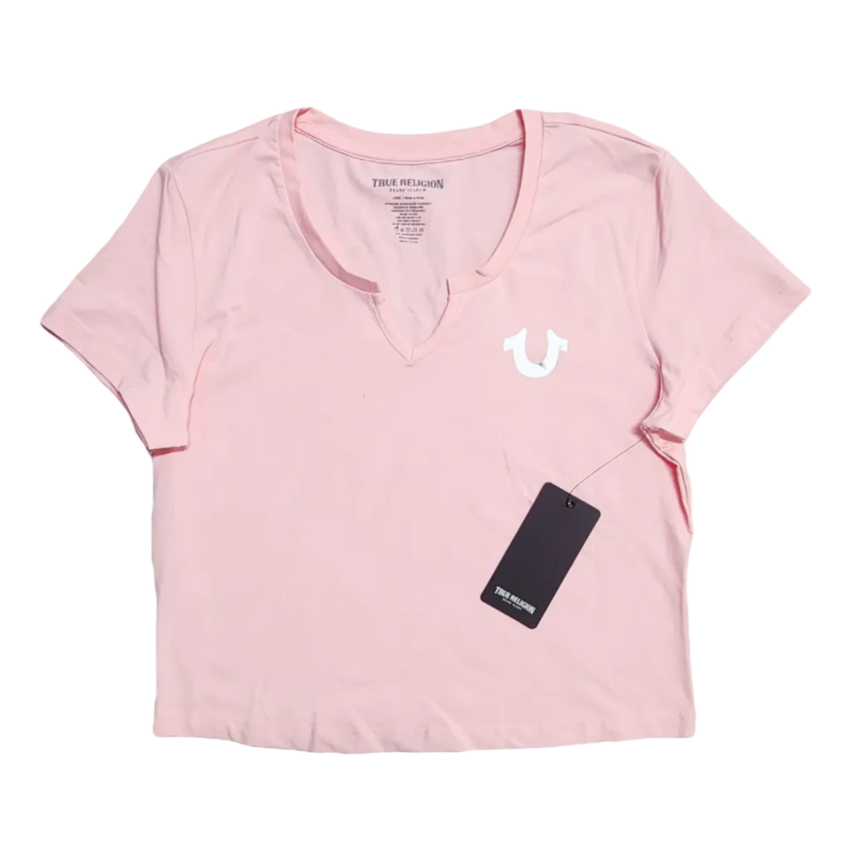 Playera Cuello V True Religion Mujer — Rosa Palo Logo Herradura Blanco Crop Talla L