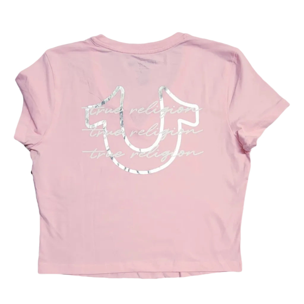 Playera Cuello V True Religion Mujer — Rosa Palo Logo Herradura Blanco Crop Talla L