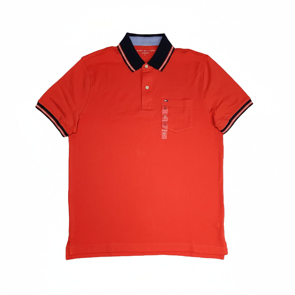 Playera Polo Tommy Hilfiger Hombre — Naranja Rojo Cuello Navy Talla M