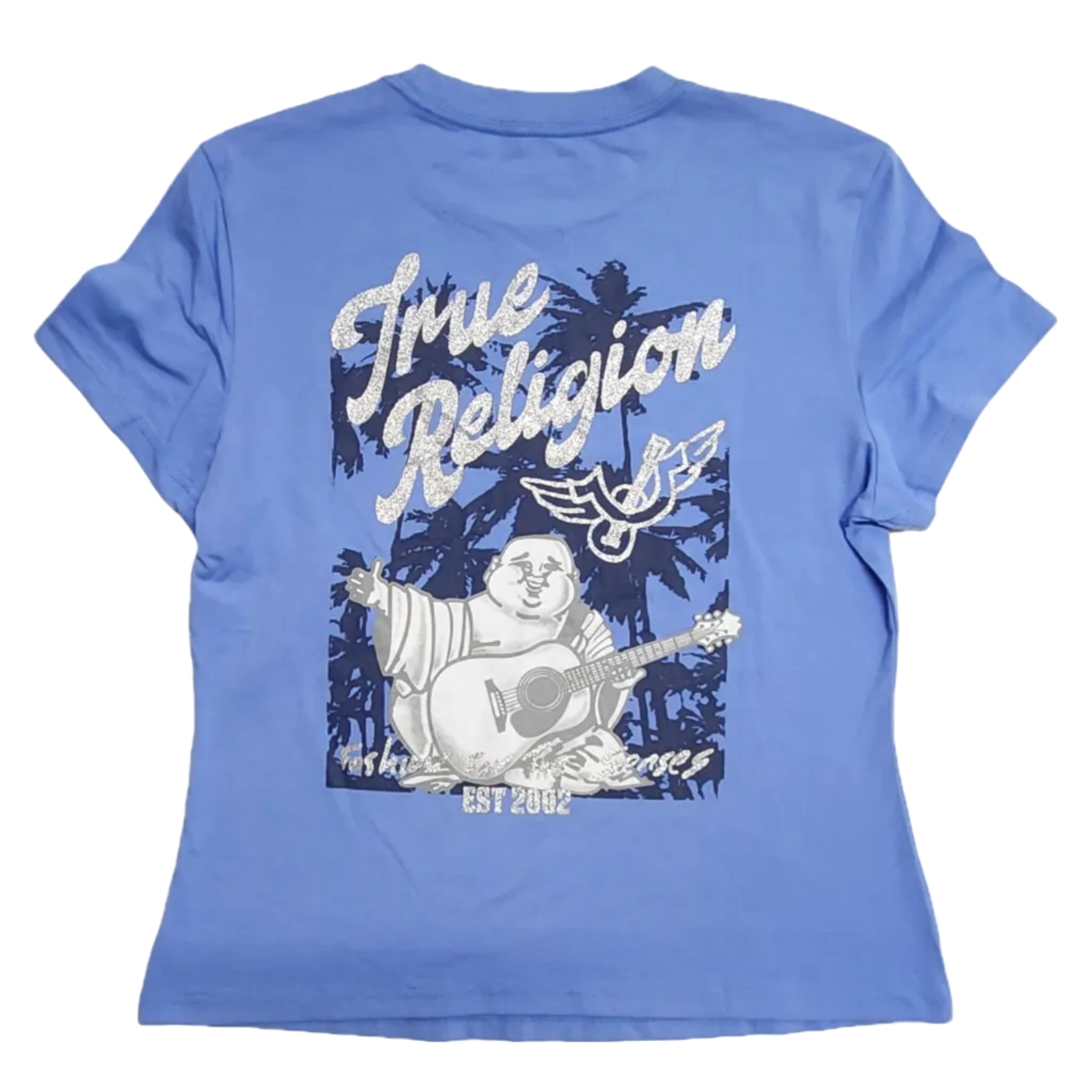 Playera Cuello Redondo True Religion Mujer — Azul Periwinkle Buddha Guitarrista Glitter Talla L