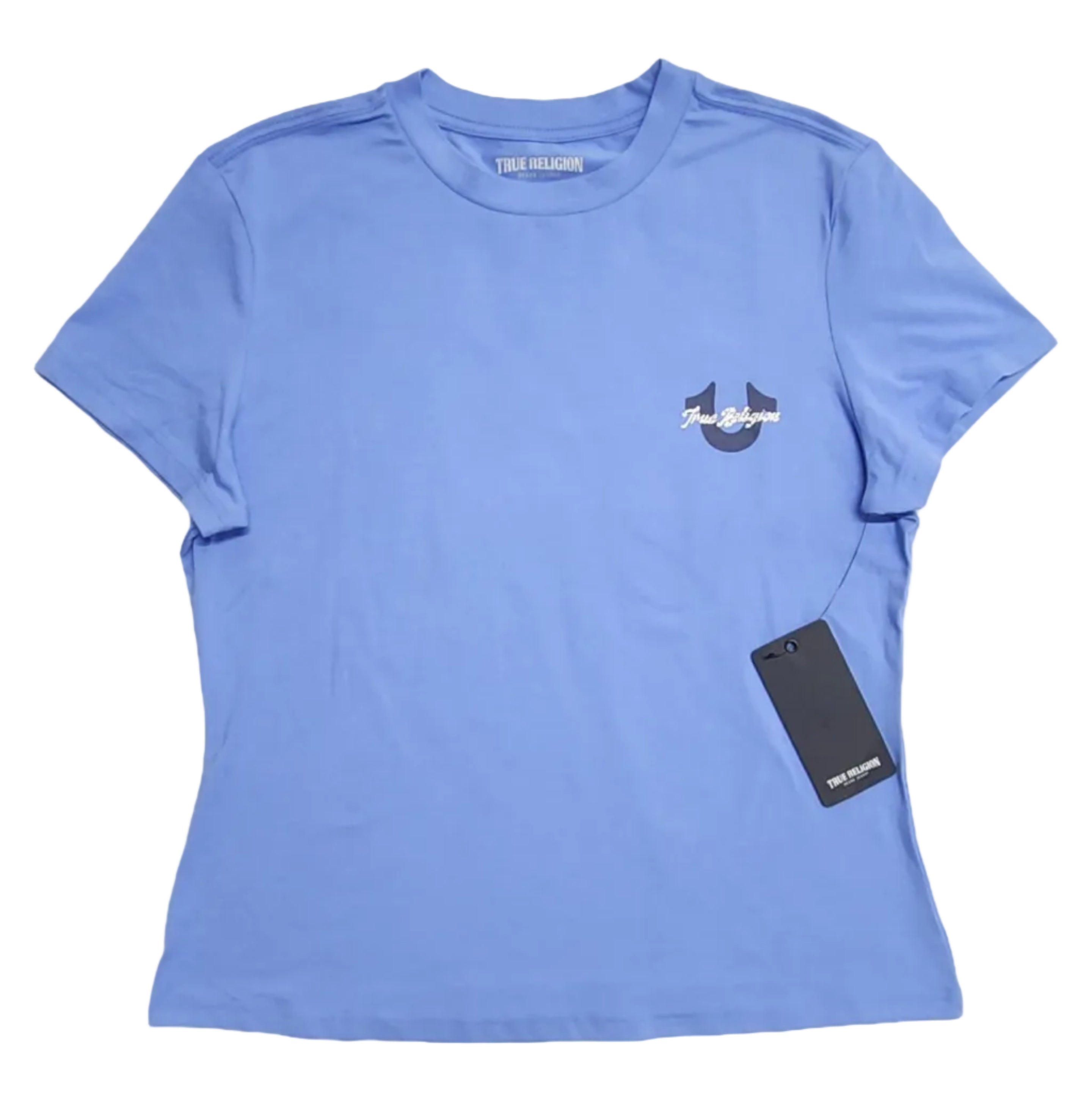 Playera Cuello Redondo True Religion Mujer — Azul Periwinkle Buddha Guitarrista Glitter Talla L