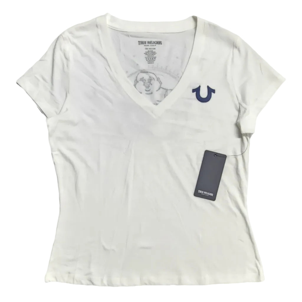 Playera Cuello V True Religion Mujer — Blanca Buddha Guitarrista Fashion for the Soulful Talla L