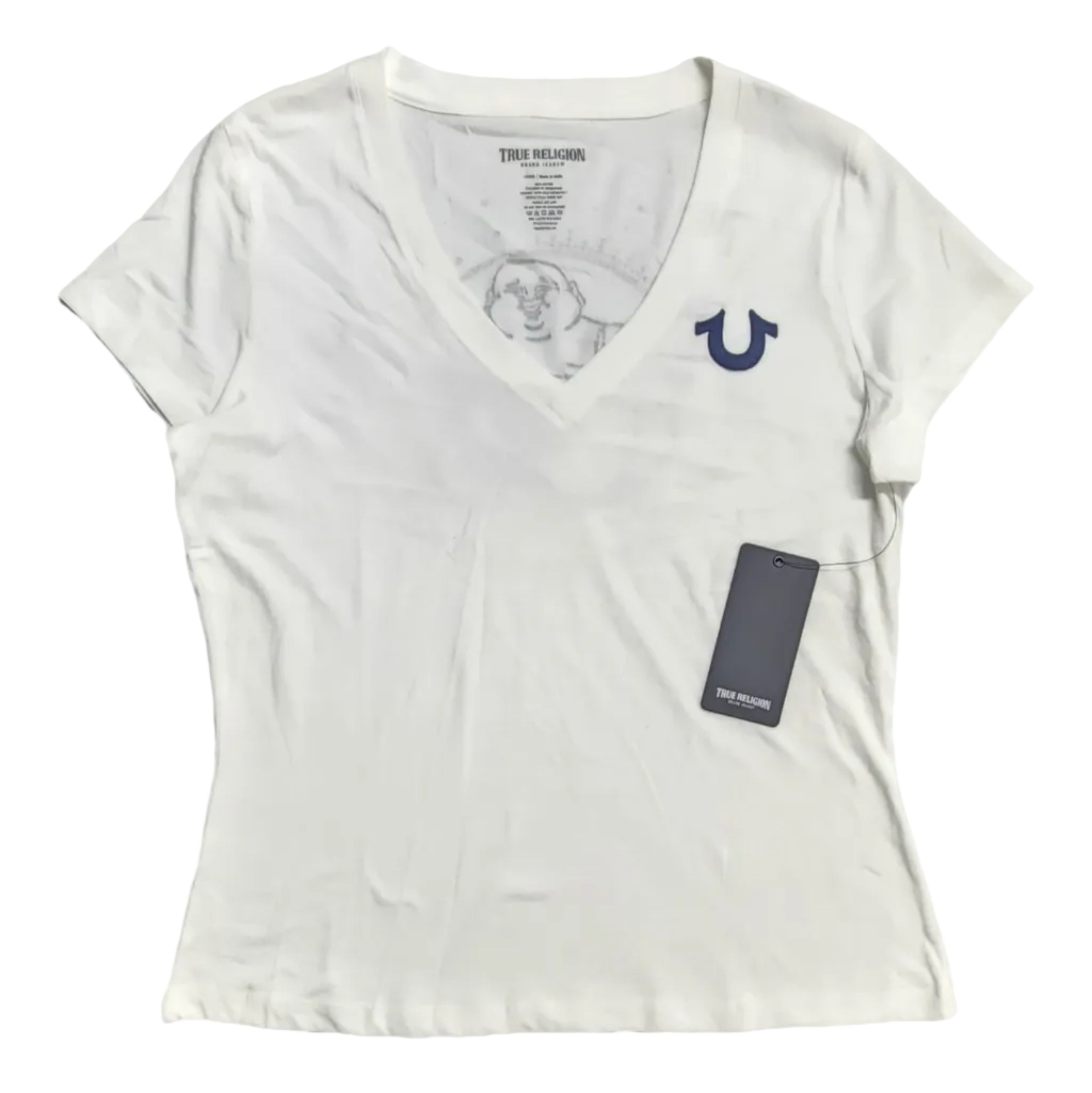Playera Cuello V True Religion Mujer — Blanca Buddha Guitarrista Fashion for the Soulful Talla L