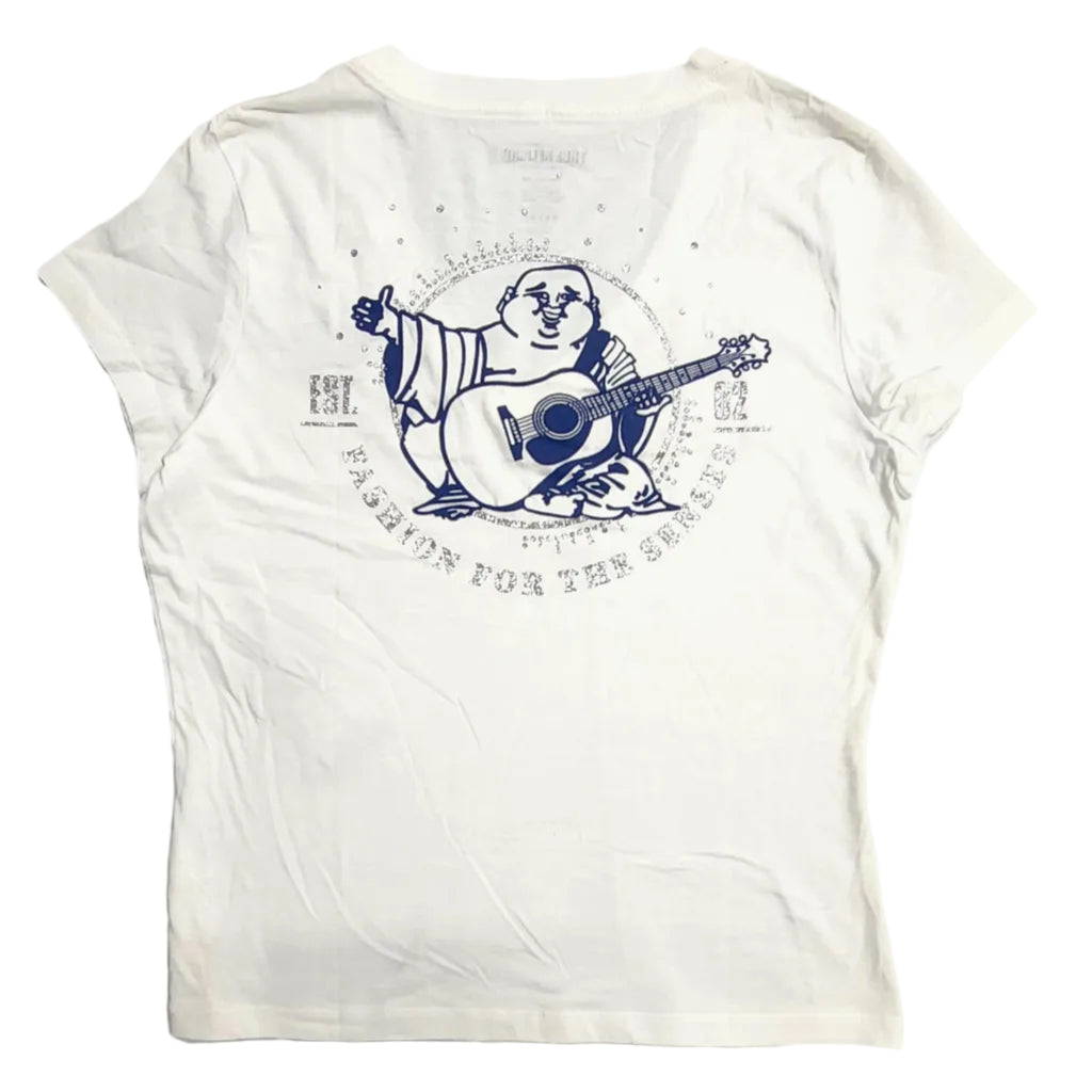 Playera Cuello V True Religion Mujer — Blanca Buddha Guitarrista Fashion for the Soulful Talla L