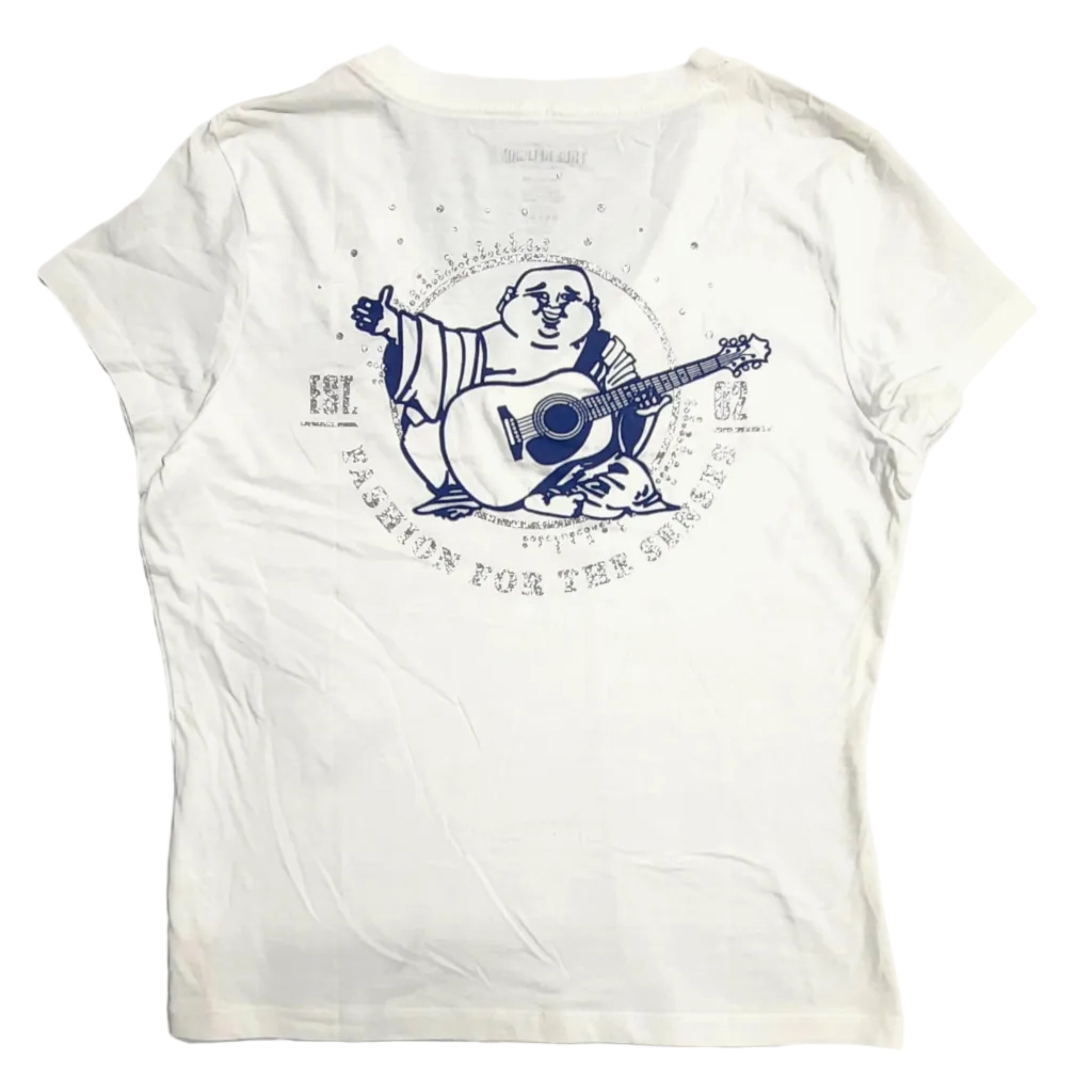Playera Cuello V True Religion Mujer — Blanca Buddha Guitarrista Fashion for the Soulful Talla L