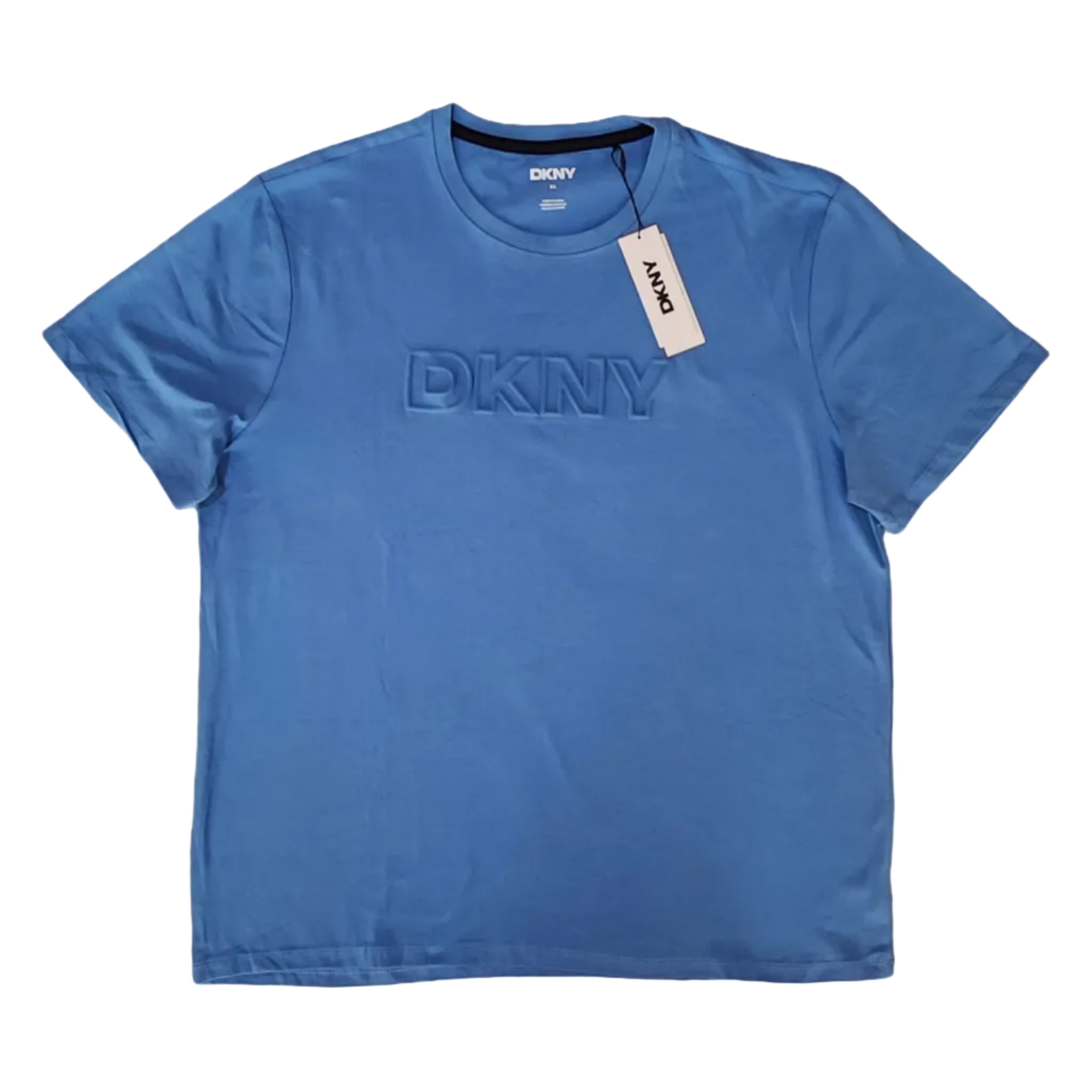 Playera Cuello Redondo DKNY Hombre — Azul Acero Logo DKNY Relieve Grande Talla XL