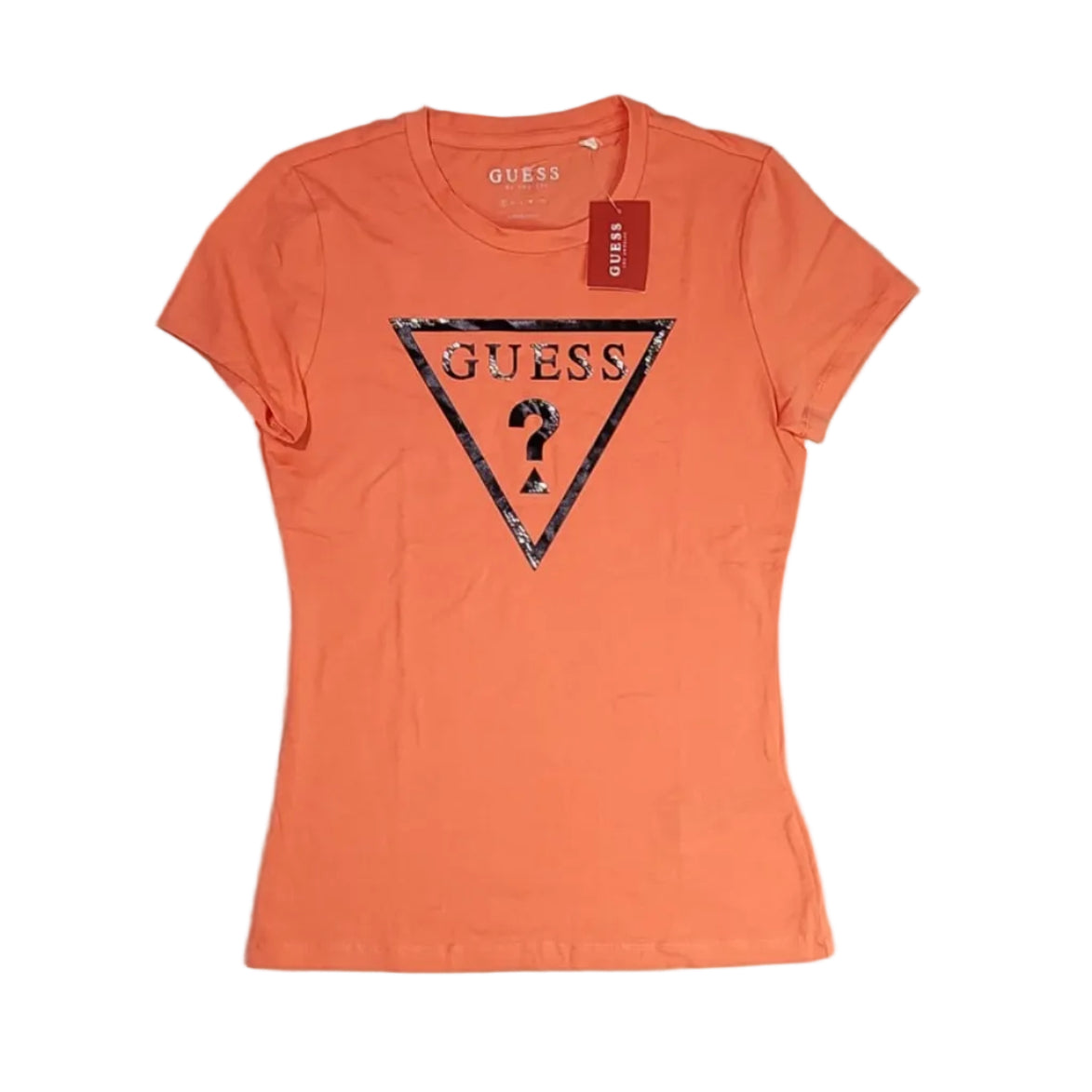 Playera Cuello Redondo Guess Naranja Coral Triángulo Lentejuelas Talla S