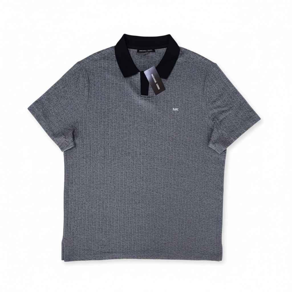 Playera Polo Michael Kors Hombre — Gris Patrón MK All-Over Cuello Negro Talla L
