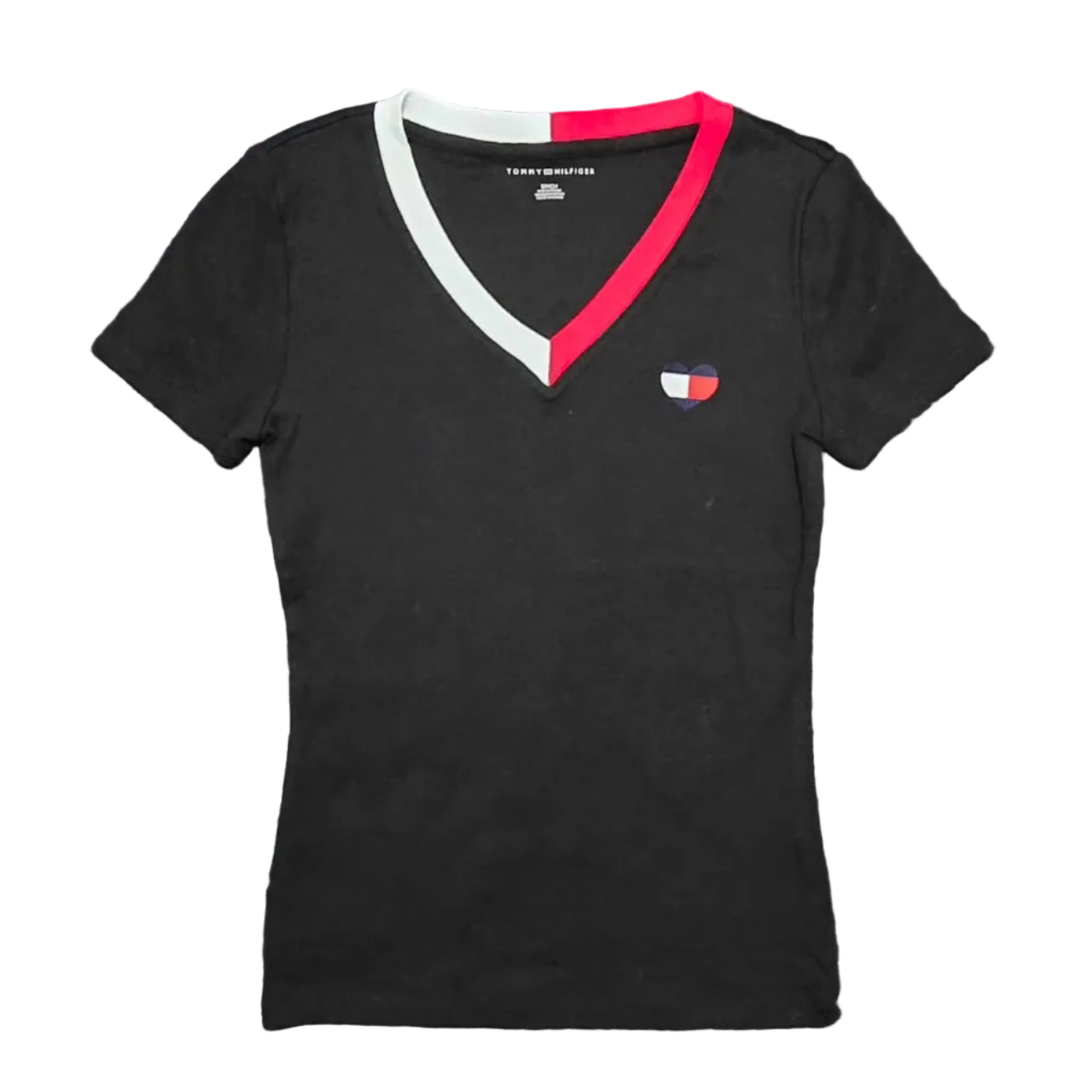 Playera Cuello V Tommy Hilfiger Negra Ribete Tricolor Corazón TH Talla S