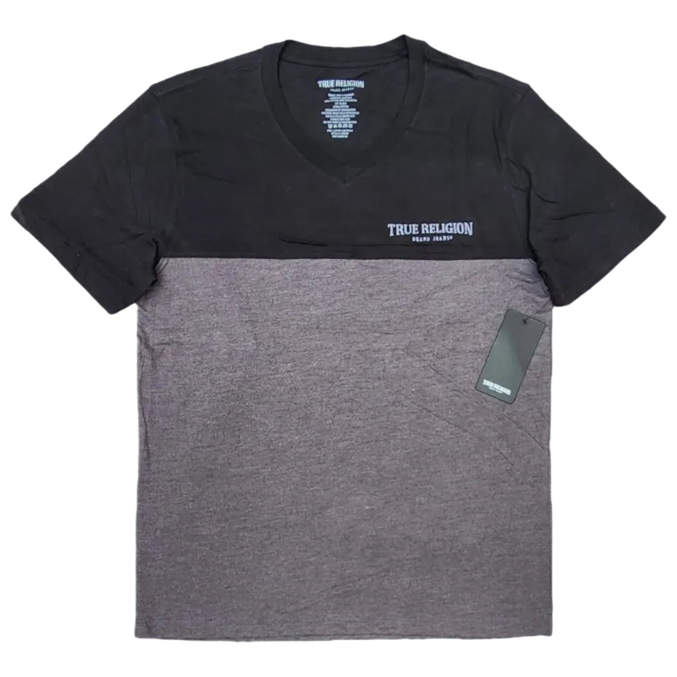 Playera Cuello Redondo True Religion Hombre — Bicolor Negro y Gris Jaspeado Logo Talla M
