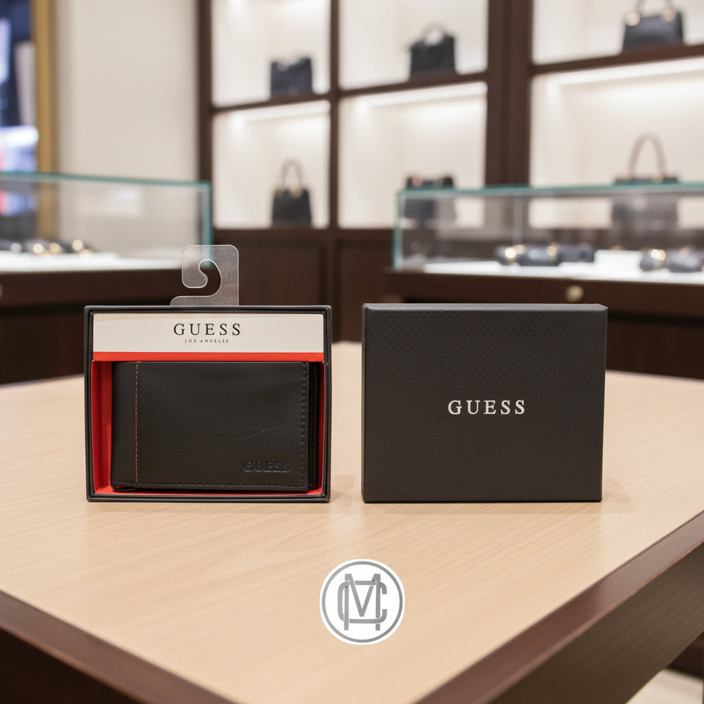 Cartera Guess Los Angeles Hombre — Billfold Negro con Costuras Rojas