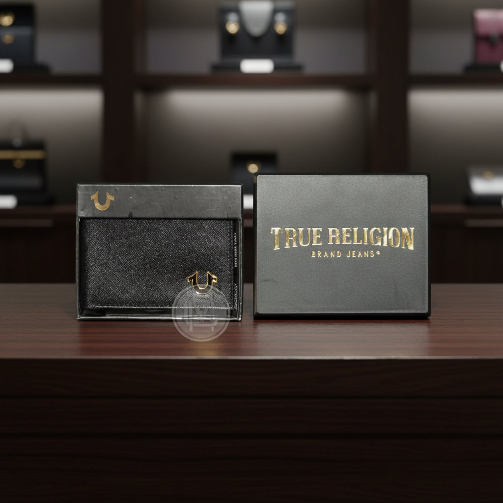 Cartera True Religion Brand Jeans Hombre — Billfold Negro con Logo Herradura Dorado
