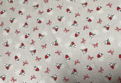 1/2 metro de Tela de algodón estampada Petirrojos y Moños Navideños rojo y beige