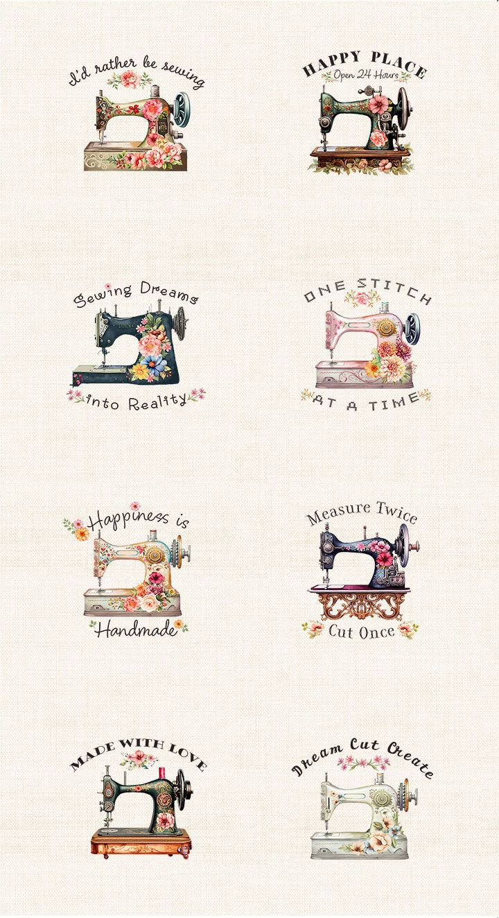 Panel de Tela Máquinas de Coser Floral - Happy Place - Timeless Treasures - 60 x 110 cm  Crema