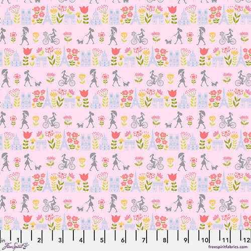 1/2 metro de Líneas de Mujeres, Flores y Bicicletas sobre rosa Bon Jour Paris Anne Keenan