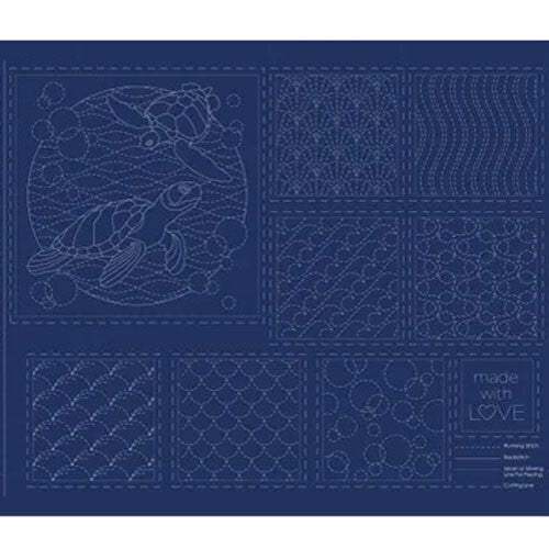 Panel para Bordado Sashiko Océano con Ballenas y Tortuga