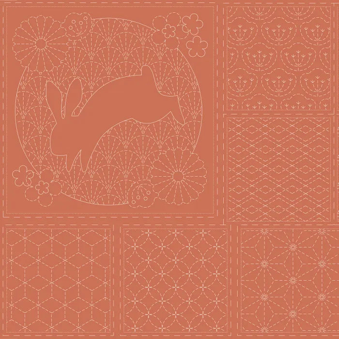 Panel para Bordado Sashiko Conejo y Peces en lino blanco o naranja arcilla 16 cuadros