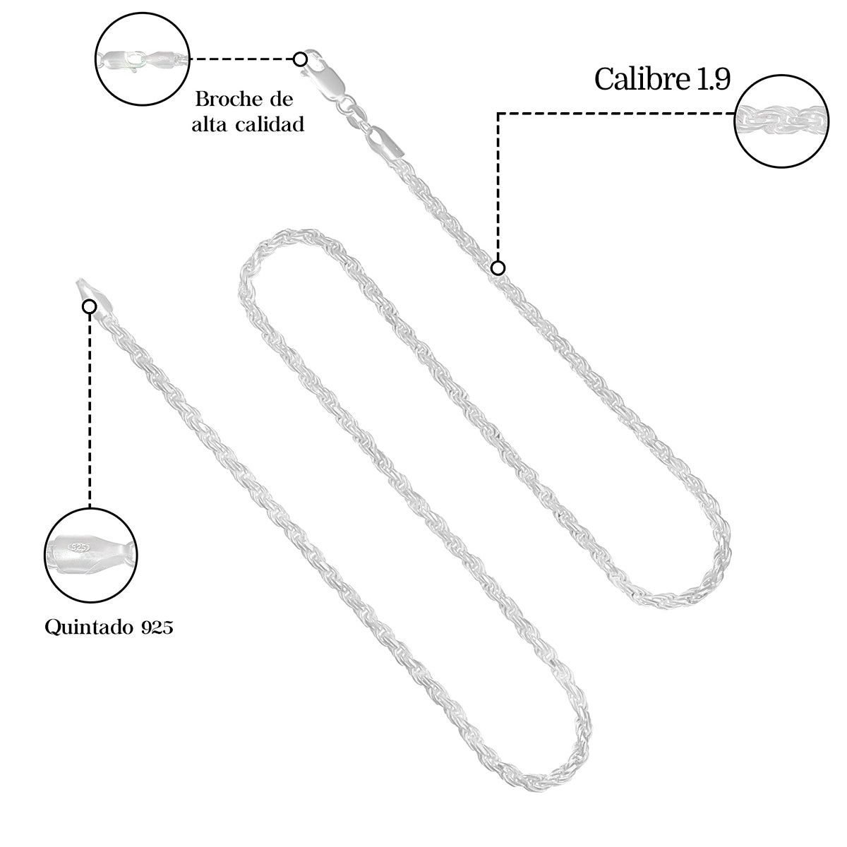 Cadena De Plata 925 Italiana Torsal Calibre 1.9mm en 4 colores