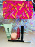 SET CLINIQUE COSMETIQUERA COLOR ROSA FUERTE 5 PIEZAS TRAVEL SIZE