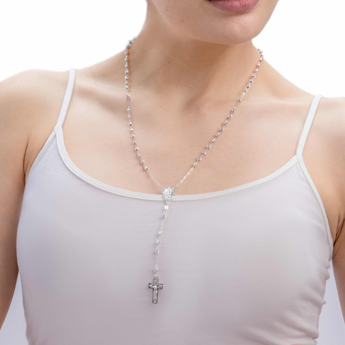 Rosario De Plata Ley 925 Con Bola Diamantada De 55 Cm