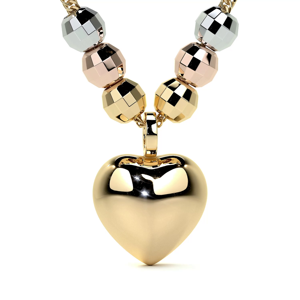 Gargantilla Italiana 14k o 10K De Corazón Inflado Y Bolas Tricolor