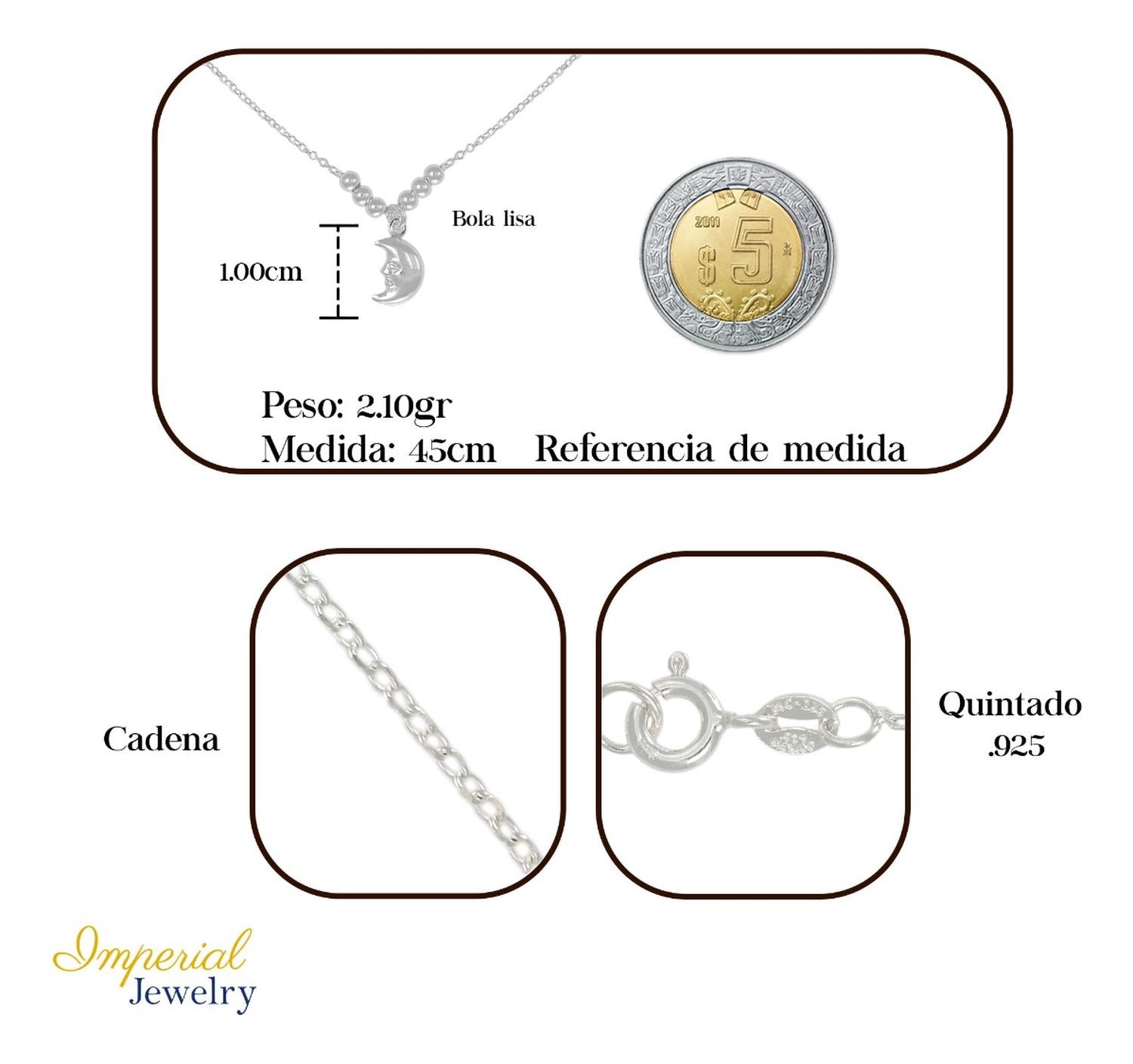 Collar De Luna De Plata 925 Con Bola Diamantada De 45 Cm