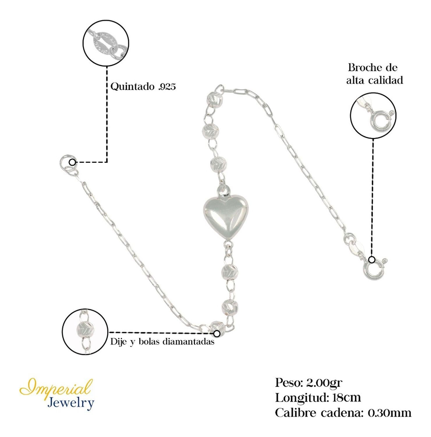 Pulsera De Plata 925 Con Corazon Y Bola Diamantada 18 Cm