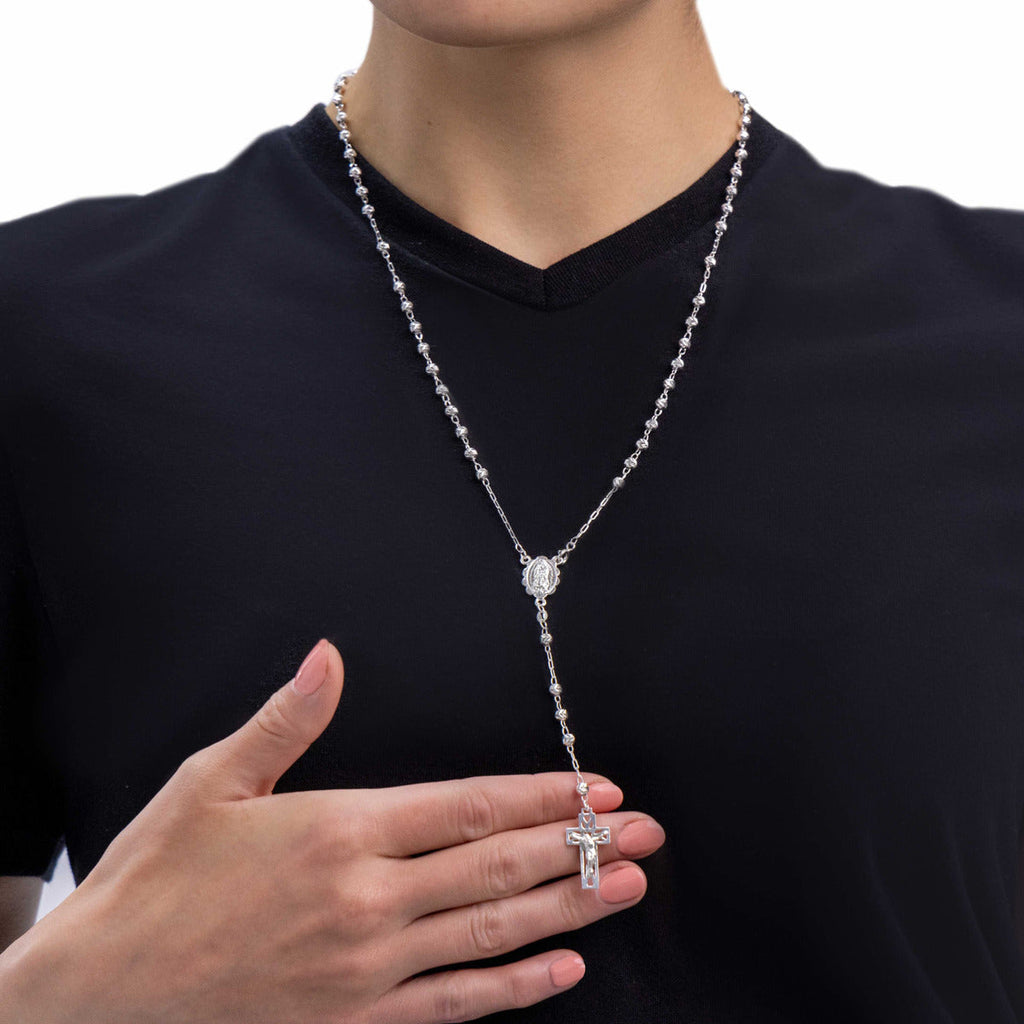 Rosario De Plata Ley 925 Con Bola Diamantada De 45 Cm