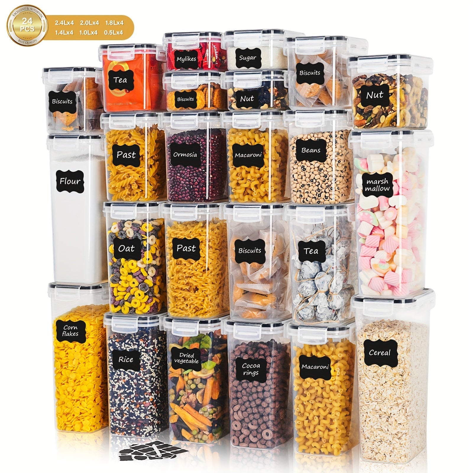 Set de 12/24 Contenedores Herméticos BPA-Free - Multi-Tamaño, Transparentes y Apilables, Incluyen Etiquetas y Marcador, Organización de Cocina y Despensa