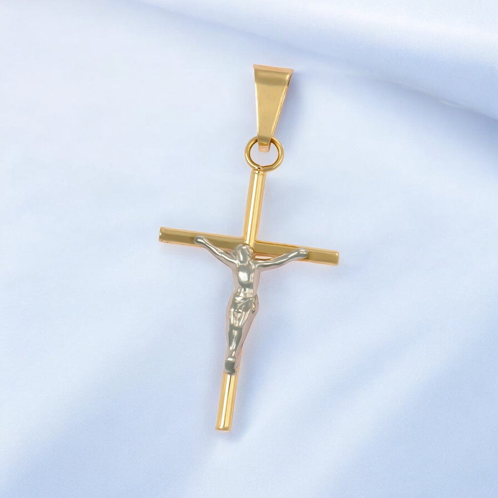 Dije De Cruz De Tubo Con Cristo Rodinado De Oro De 10k