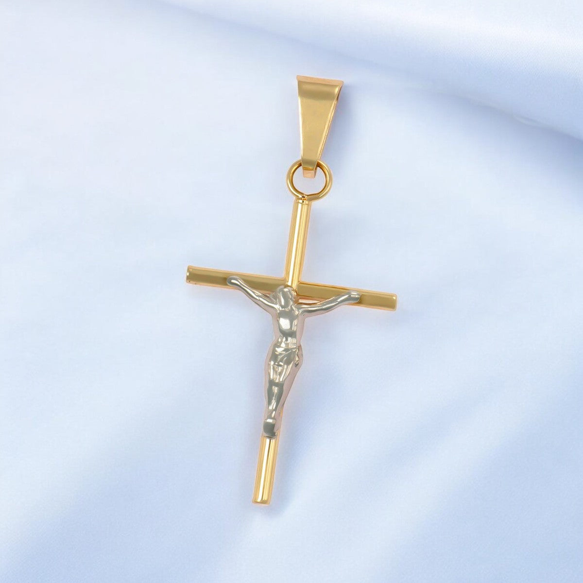 Dije De Cruz De Tubo Con Cristo Rodinado De Oro De 10k