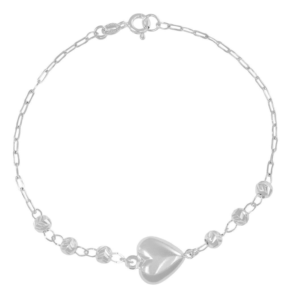 Pulsera De Plata 925 Con Corazon Y Bola Diamantada 18 Cm