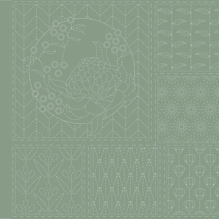 Panel para Bordado Sashiko Botánico en verde Kentucky 16 cuadros