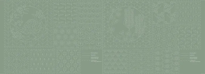 Panel para Bordado Sashiko Botánico en verde Kentucky 16 cuadros
