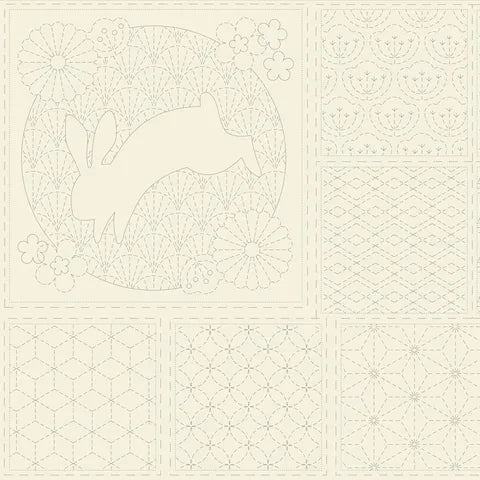 Panel para Bordado Sashiko Conejo y Peces en lino blanco o naranja arcilla 16 cuadros